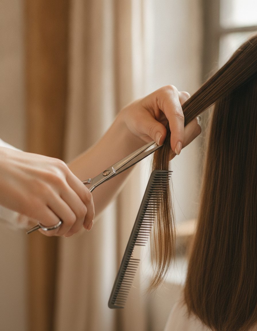 A stylist's hands holding scissors and a comb mid precision cut in soft daylight