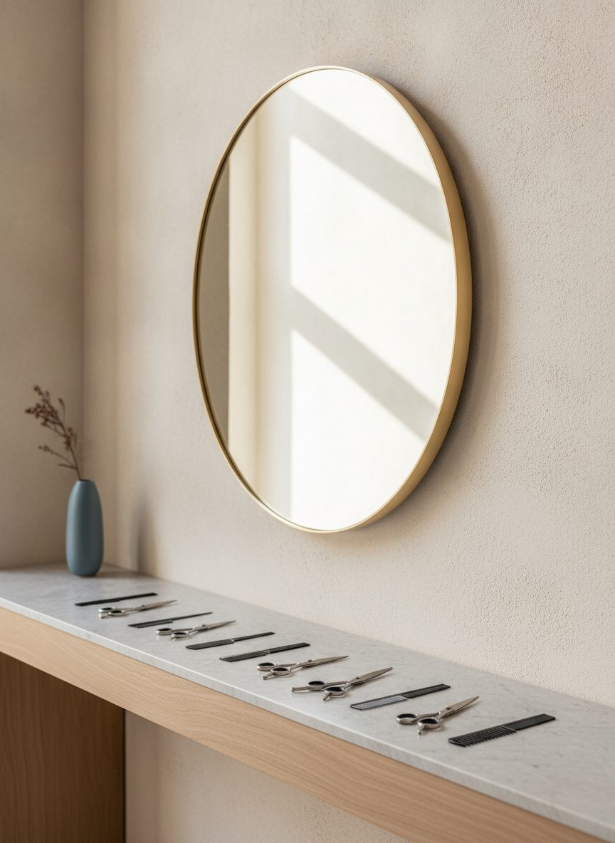 Bright styling counter in a hair atelier with scissors and combs arranged by a round mirror in soft daylight