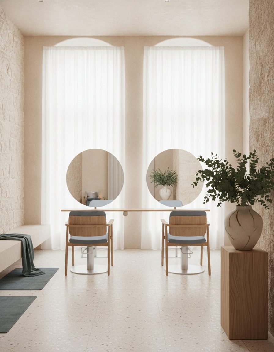 Bright, calm salon interior with two styling chairs facing round mirrors under tall curtained windows