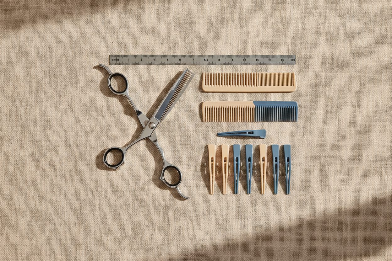 Overhead view of hairdressing scissors, combs, sectioning clips and a measuring ruler laid out on linen